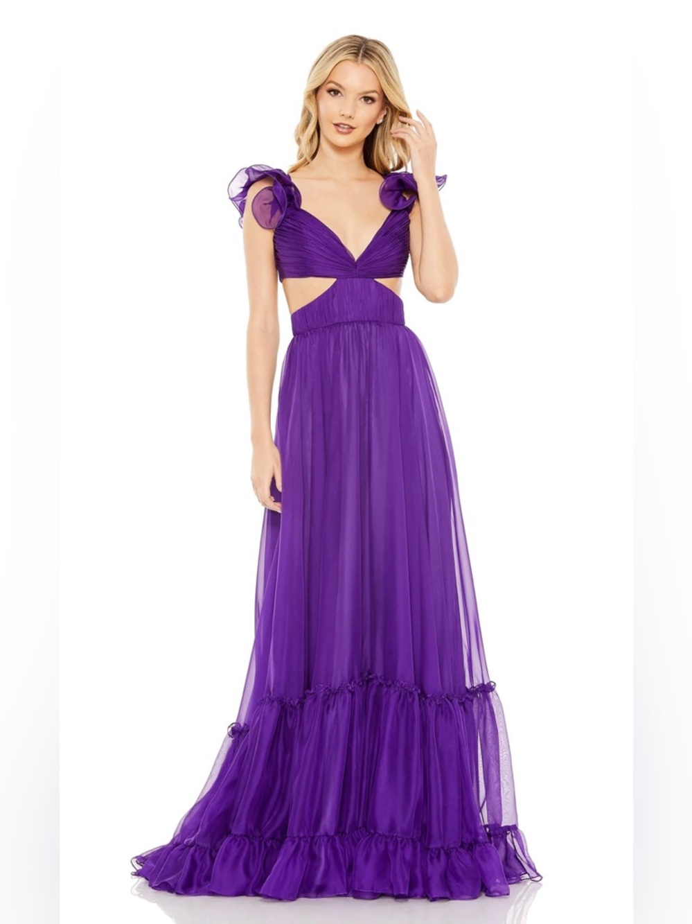 MAC DUGGAL
Ruched Ruffled Shoulder Cut Out Lace Up Gown Size 6